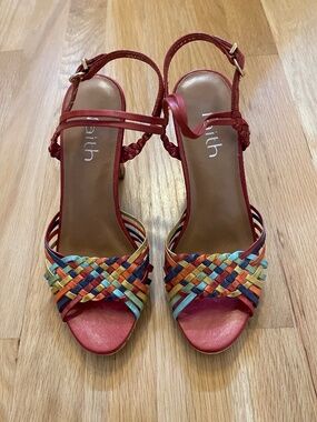 Leather sandals/heels, red & multi-colored plaiting, cork heel, size US 6, EU 36